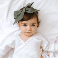 Load image into Gallery viewer, Olive Linen Bow Pre-Tied Headband Wrap
